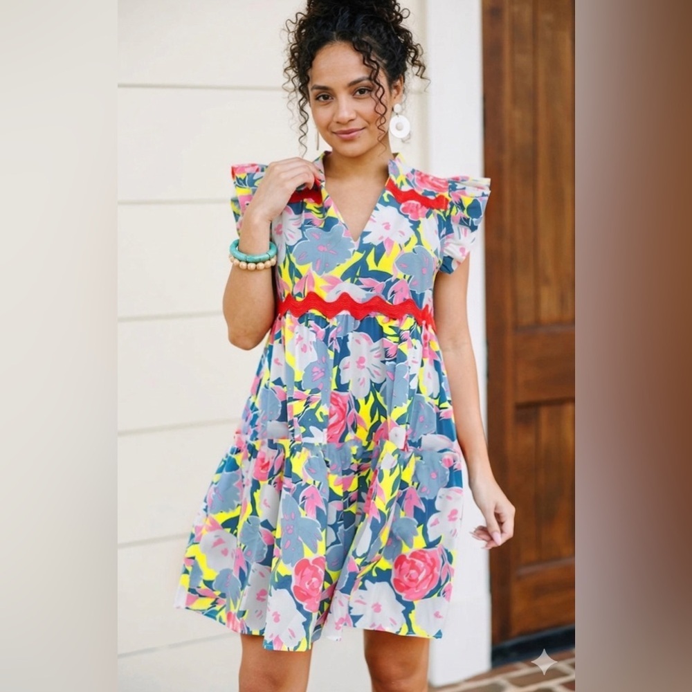 Colorful Floral Babydoll Dress w pockets Ruffle Sleeve Boho Boutique Summer SZ S